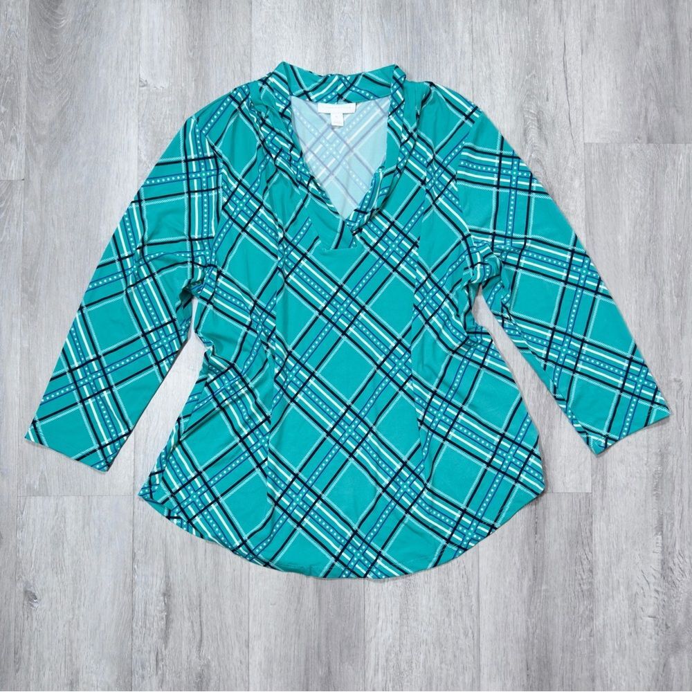 Turquoise Blue Plaid V Neck 3/4 Sleeve Top Petite L